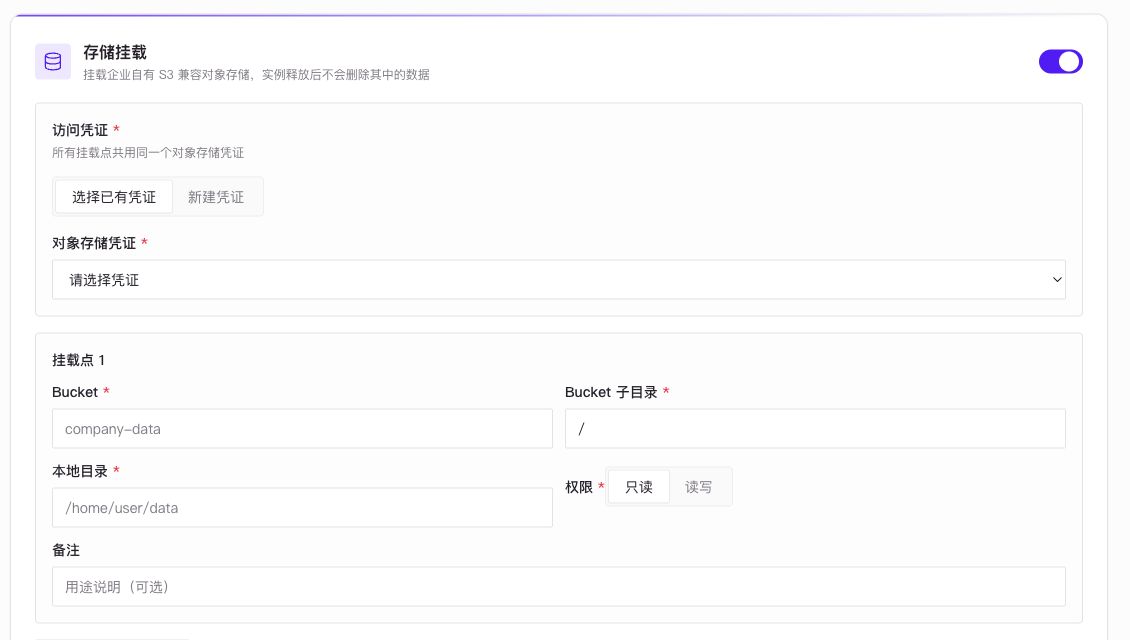 沙箱存储挂载中的共享对象存储凭证、Bucket、子目录、本地目录和只读权限